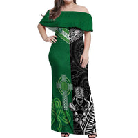 New Zealand And Ireland Rugby Custom Off Shoulder Maxi Dress Maori Tiki With Shamrock LT05 Women Black - Polynesian Pride