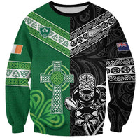 New Zealand And Ireland Rugby Custom Sweatshirt Maori Tiki With Shamrock