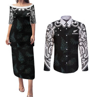 Custom New Zealand Fern Women Rugby Couples Matching Puletasi and Long Sleeve Button Shirt Maori Pattern LT05 Black - Polynesian Pride