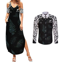 Custom New Zealand Fern Women Rugby Couples Matching Summer Maxi Dress and Long Sleeve Button Shirt Maori Pattern LT05 Black - Polynesian Pride