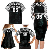 Custom New Zealand Fern Women Rugby Family Matching Long Sleeve Bodycon Dress and Hawaiian Shirt Maori Pattern LT05 - Polynesian Pride