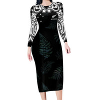 Custom New Zealand Fern Women Rugby Family Matching Long Sleeve Bodycon Dress and Hawaiian Shirt Maori Pattern LT05 Mom's Dress Black - Polynesian Pride