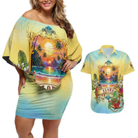 Aloha Hawaii Turtle Couples Matching Off Shoulder Short Dress and Hawaiian Shirt Retro Style - Polynesian Pride