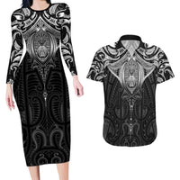 New Zealand Aotearoa Couples Matching Long Sleeve Bodycon Dress and Hawaiian Shirt Maori Manta Ray Moko Black - Polynesian Pride