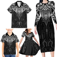 New Zealand Aotearoa Family Matching Long Sleeve Bodycon Dress and Hawaiian Shirt Maori Manta Ray Moko Black - Polynesian Pride