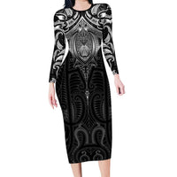 New Zealand Aotearoa Family Matching Long Sleeve Bodycon Dress and Hawaiian Shirt Maori Manta Ray Moko Black - Polynesian Pride