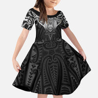 New Zealand Aotearoa Family Matching Puletasi and Hawaiian Shirt Maori Manta Ray Moko Black LT05 Daughter's Dress Black - Polynesian Pride