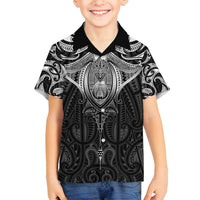 New Zealand Aotearoa Family Matching Puletasi and Hawaiian Shirt Maori Manta Ray Moko Black LT05 Son's Shirt Black - Polynesian Pride