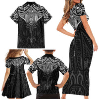 New Zealand Aotearoa Family Matching Short Sleeve Bodycon Dress and Hawaiian Shirt Maori Manta Ray Moko Black - Polynesian Pride