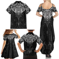 New Zealand Aotearoa Family Matching Summer Maxi Dress and Hawaiian Shirt Maori Manta Ray Moko Black - Polynesian Pride