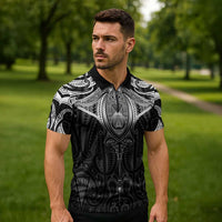 New Zealand Aotearoa Zipper Polo Shirt Maori Manta Ray Moko Black - Polynesian Pride