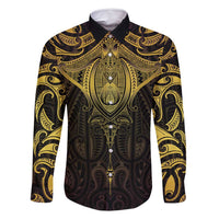 New Zealand Aotearoa Family Matching Long Sleeve Bodycon Dress and Hawaiian Shirt Maori Manta Ray Moko Gold - Polynesian Pride