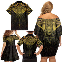 New Zealand Aotearoa Family Matching Off Shoulder Short Dress and Hawaiian Shirt Maori Manta Ray Moko Gold - Polynesian Pride