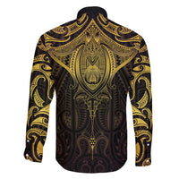 New Zealand Aotearoa Family Matching Off Shoulder Short Dress and Hawaiian Shirt Maori Manta Ray Moko Gold - Polynesian Pride