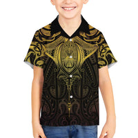 New Zealand Aotearoa Family Matching Puletasi and Hawaiian Shirt Maori Manta Ray Moko Gold LT05 Son's Shirt Gold - Polynesian Pride