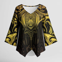 New Zealand Aotearoa Kimono Sleeve Blouse Maori Manta Ray Moko Gold - Polynesian Pride
