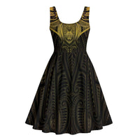 New Zealand Aotearoa Midi Dress Maori Manta Ray Moko Gold - Polynesian Pride