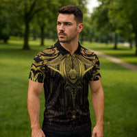 New Zealand Aotearoa Zipper Polo Shirt Maori Manta Ray Moko Gold LT05 - Polynesian Pride