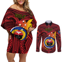 Papua New Guinea Gulf Province Couples Matching Off Shoulder Short Dress and Long Sleeve Button Shirts Mix Coat Of Arms Polynesian Pattern LT05 Red - Polynesian Pride