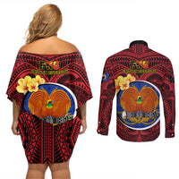Papua New Guinea Gulf Province Couples Matching Off Shoulder Short Dress and Long Sleeve Button Shirts Mix Coat Of Arms Polynesian Pattern LT05 - Polynesian Pride