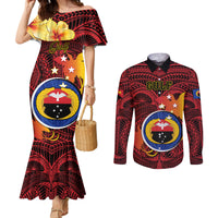 Personalized Papua New Guinea Gulf Province Couples Matching Mermaid Dress and Long Sleeve Button Shirts Mix Coat Of Arms Polynesian Pattern LT05 Red - Polynesian Pride
