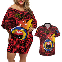 Personalized Papua New Guinea Gulf Province Couples Matching Off Shoulder Short Dress and Hawaiian Shirt Mix Coat Of Arms Polynesian Pattern LT05 Red - Polynesian Pride