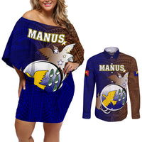 Personalized Papua New Guinea Manus Province Couples Matching Off Shoulder Short Dress and Long Sleeve Button Shirts Mix Coat Of Arms Polynesian Pattern LT05 rown - Polynesian Pride