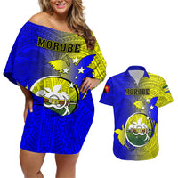 Papua New Guinea Morobe Province Couples Matching Off Shoulder Short Dress and Hawaiian Shirt Mix Coat Of Arms Polynesian Pattern LT05 Yellow - Polynesian Pride