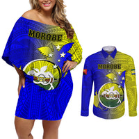 Papua New Guinea Morobe Province Couples Matching Off Shoulder Short Dress and Long Sleeve Button Shirts Mix Coat Of Arms Polynesian Pattern LT05 Yellow - Polynesian Pride