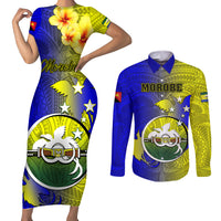 Personalized Papua New Guinea Morobe Province Couples Matching Short Sleeve Bodycon Dress and Long Sleeve Button Shirts Mix Coat Of Arms Polynesian Pattern LT05 Yellow - Polynesian Pride