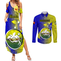 Personalized Papua New Guinea Morobe Province Couples Matching Summer Maxi Dress and Long Sleeve Button Shirts Mix Coat Of Arms Polynesian Pattern LT05 Yellow - Polynesian Pride