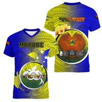 Personalized Papua New Guinea Morobe Province Women V Neck T Shirt Mix Coat Of Arms Polynesian Pattern LT05 - Polynesian Pride