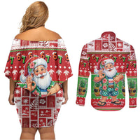 Mele Kalikimaka Hawaii Christmas Couples Matching Off Shoulder Short Dress and Long Sleeve Button Shirt Funny Santa 67 Gen Alpha Slang - Polynesian Pride