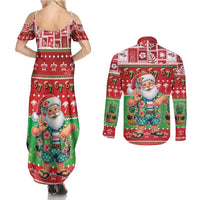 Mele Kalikimaka Hawaii Christmas Couples Matching Summer Maxi Dress and Long Sleeve Button Shirt Funny Santa 67 Gen Alpha Slang - Polynesian Pride