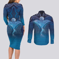 Polynesia Manta Ray Couples Matching Long Sleeve Bodycon Dress and Long Sleeve Button Shirt Let's The Sea Set You Free LT05 - Polynesian Pride
