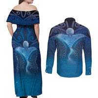 Polynesia Manta Ray Couples Matching Off Shoulder Maxi Dress and Long Sleeve Button Shirt Let's The Sea Set You Free - Polynesian Pride