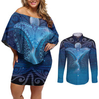 Polynesia Manta Ray Couples Matching Off Shoulder Short Dress and Long Sleeve Button Shirt Let's The Sea Set You Free - Polynesian Pride