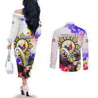 Personalized Filipino American History Month Couples Matching Off The Shoulder Long Sleeve Dress and Long Sleeve Button Shirts The Eight-Rayed Sun Flags With Bald Eagle LT05 - Polynesian Pride