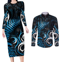 New Zealand Sea Week Couples Matching Long Sleeve Bodycon Dress and Long Sleeve Button Shirt Maori Wave Pattern Ocean Blue LT05 Blue - Polynesian Pride
