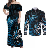 New Zealand Sea Week Couples Matching Off Shoulder Maxi Dress and Long Sleeve Button Shirt Maori Wave Pattern Ocean Blue LT05 Blue - Polynesian Pride