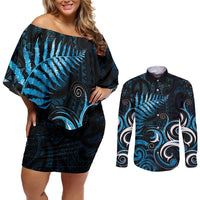 New Zealand Sea Week Couples Matching Off Shoulder Short Dress and Long Sleeve Button Shirt Maori Wave Pattern Ocean Blue LT05 Blue - Polynesian Pride