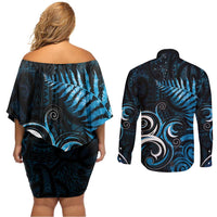 New Zealand Sea Week Couples Matching Off Shoulder Short Dress and Long Sleeve Button Shirt Maori Wave Pattern Ocean Blue LT05 - Polynesian Pride