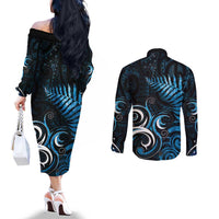 New Zealand Sea Week Couples Matching Off The Shoulder Long Sleeve Dress and Long Sleeve Button Shirt Maori Wave Pattern Ocean Blue LT05 - Polynesian Pride