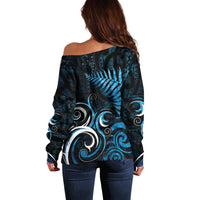 New Zealand Sea Week Off Shoulder Sweater Maori Wave Pattern Ocean Blue LT05 - Polynesian Pride