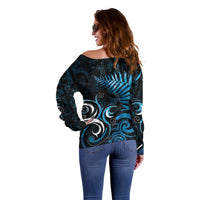 New Zealand Sea Week Off Shoulder Sweater Maori Wave Pattern Ocean Blue LT05 - Polynesian Pride