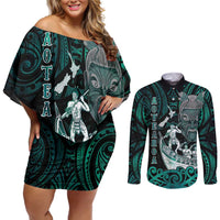 Personalised New Zealand Waka Racing Couples Matching Off Shoulder Short Dress and Long Sleeve Button Shirt Maori Warriors LT05 Green - Polynesian Pride