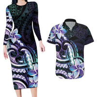 Polynesian Art Tattoo Couples Matching Long Sleeve Bodycon Dress and Hawaiian Shirt Plumeria Flowers Turquoise Gradient LT05 Turquoise - Polynesian Pride