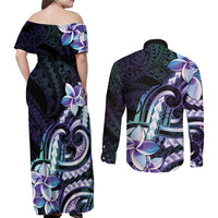 Polynesian Art Tattoo Couples Matching Off Shoulder Maxi Dress and Long Sleeve Button Shirt Plumeria Flowers Turquoise Gradient LT05 - Polynesian Pride