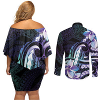 Polynesian Art Tattoo Couples Matching Off Shoulder Short Dress and Long Sleeve Button Shirt Plumeria Flowers Turquoise Gradient LT05 - Polynesian Pride