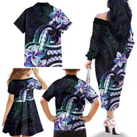 Polynesian Art Tattoo Family Matching Off The Shoulder Long Sleeve Dress and Hawaiian Shirt Plumeria Flowers Turquoise Gradient